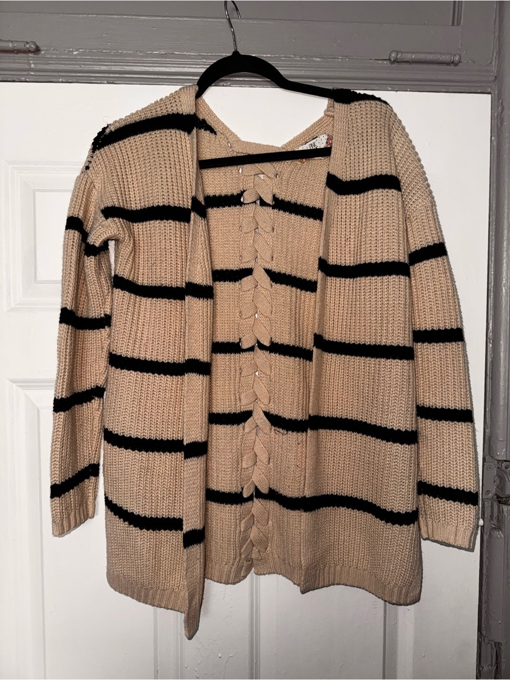 Pink Rose Beige and Black Striped Open Cardigan knotted back design